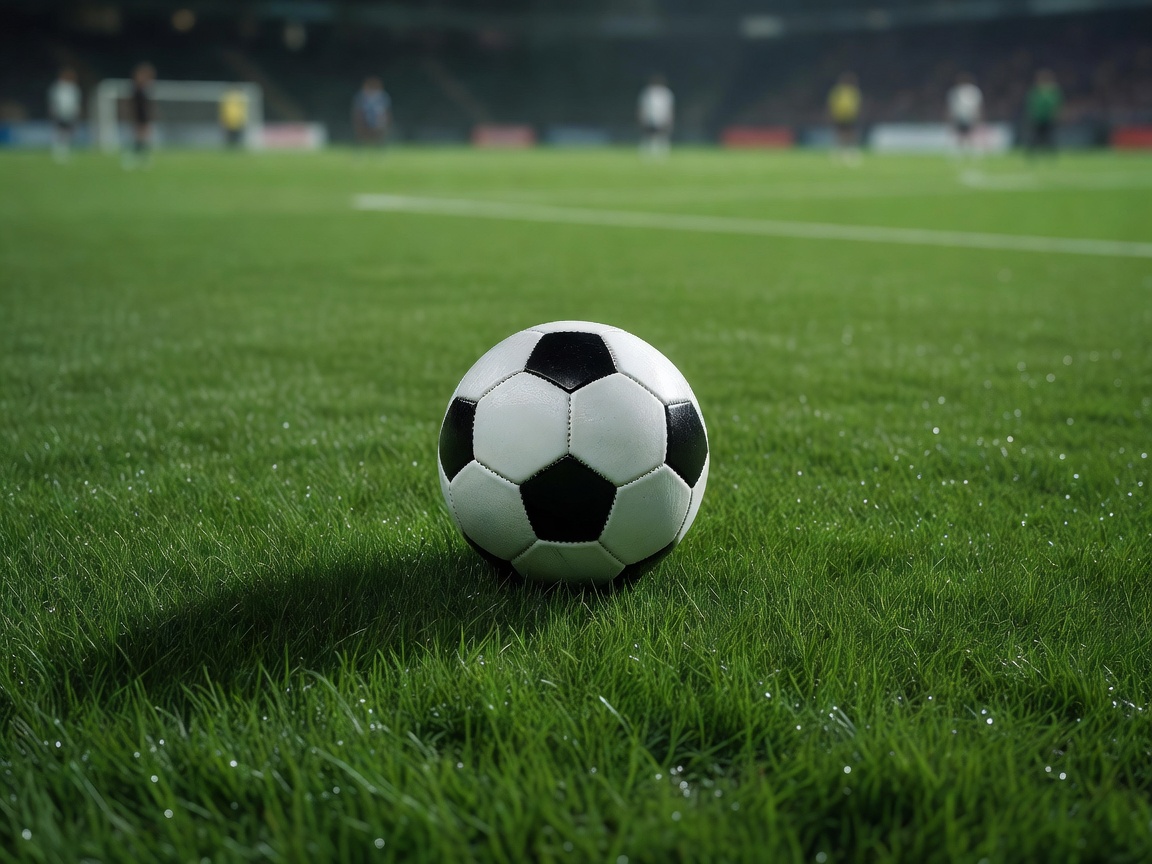 Close-up of a match football on green pitch turf before kickoff
