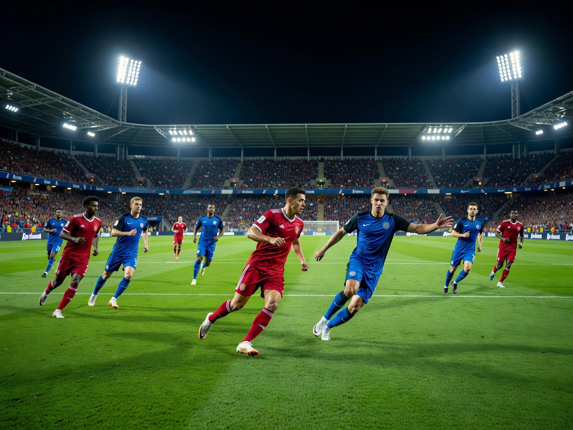 Atmospheric football pitch illuminated under stadium floodlights during European matchday