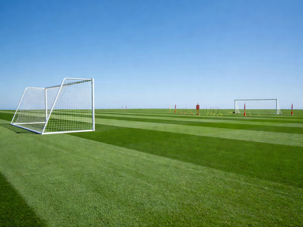 Modern football training pitch under bright sky with goal posts
