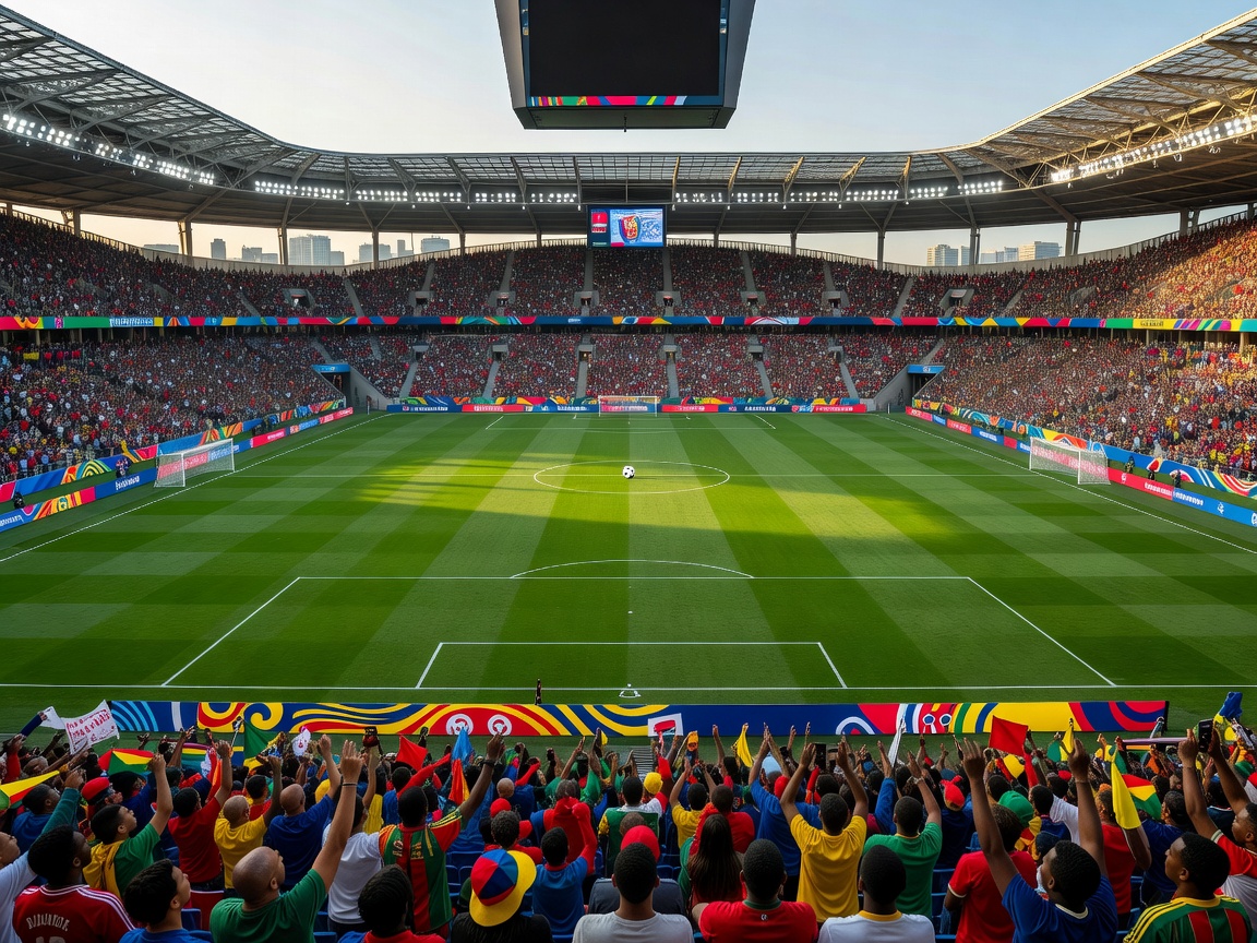Aerial perspective of modern European football stadium ready for kickoff